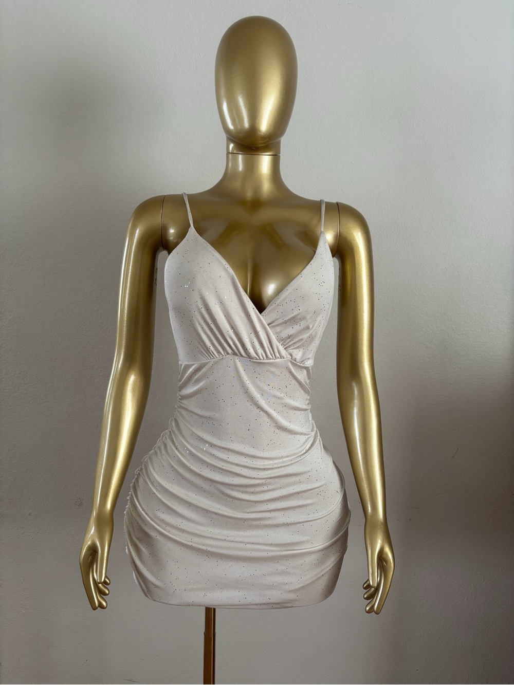 Sparkle Ruched Satin-Feel Slip Dress in Cream